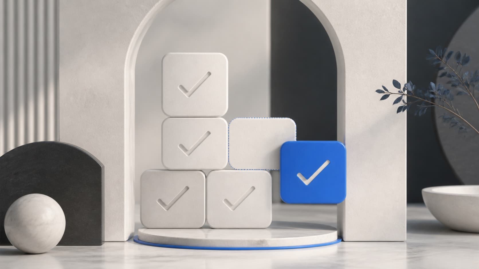 Checked tiles arranged inside an archway with one blue selected tile