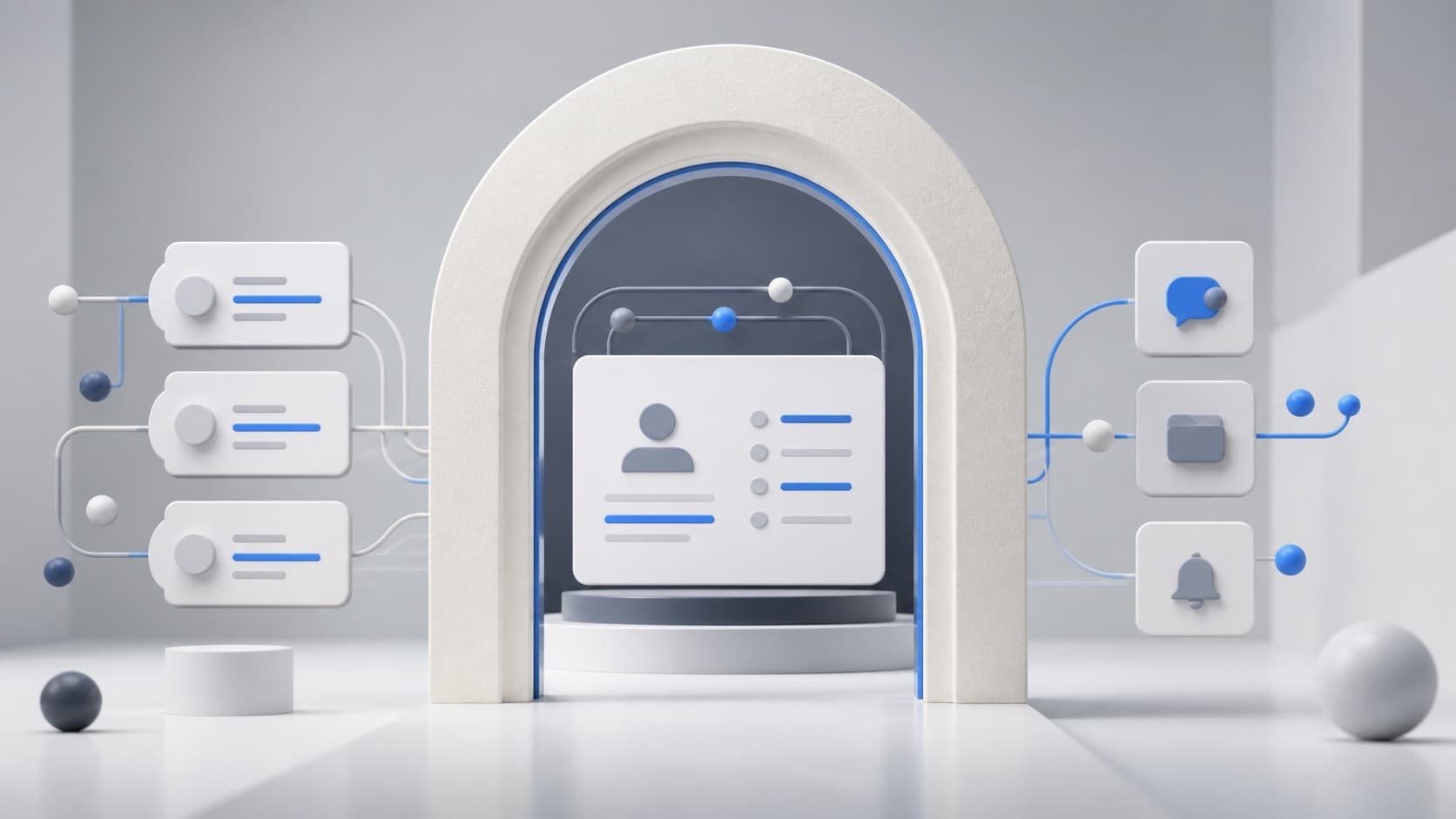 Connected client and workflow cards arranged around a blue-accented archway